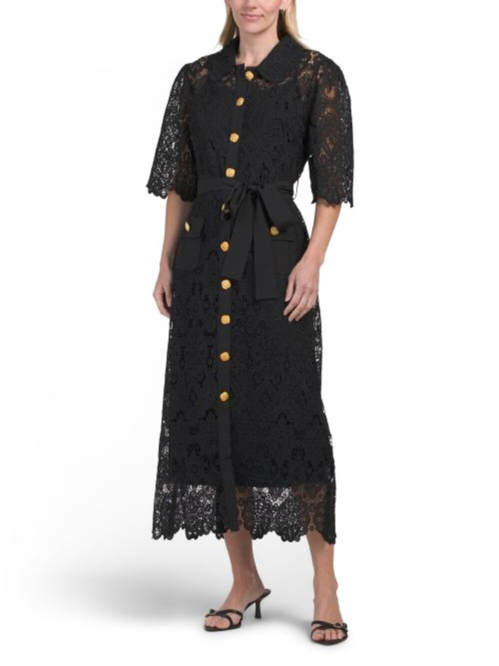 NANCY YANG Lace Button Down Midi Dress